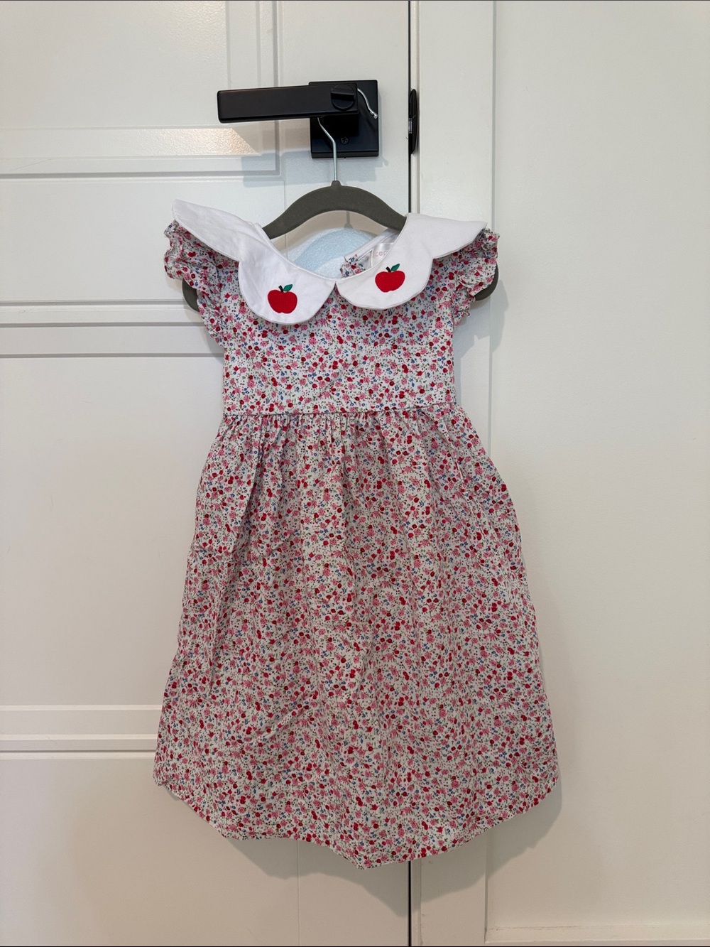 Girls Floral Apple Collar Dress in White and Red